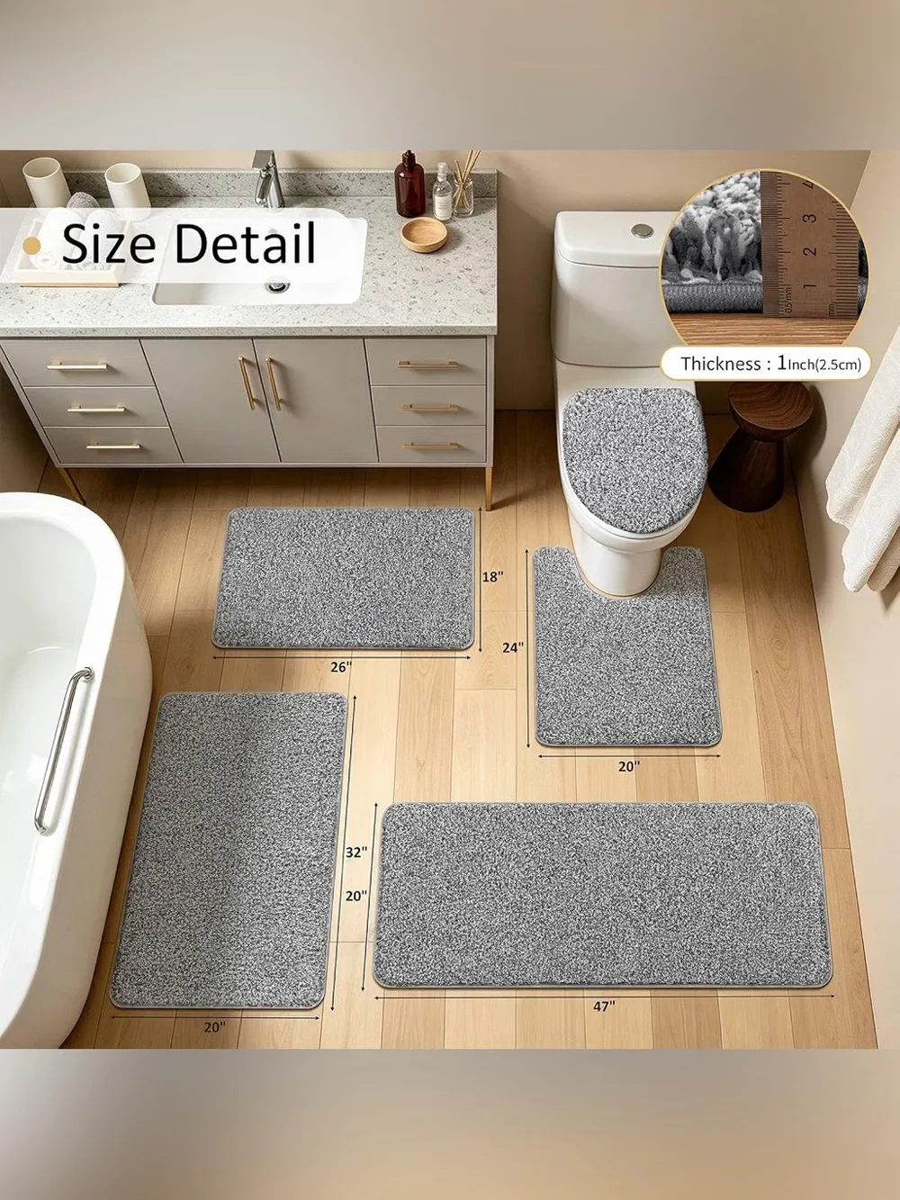 Bathroom Rugs Set 5 Piece, Non Slip Washable Bath Mats